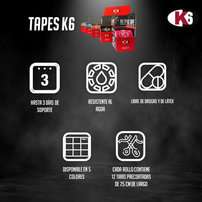 Cinta Kinesiológica Elástica Deportiva K6 Rollo 3m x 5cm